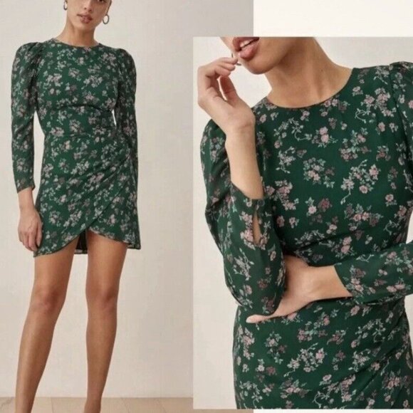 Reformation Juni Gathered Floral Print Crepe Dress - Picture 1 of 5